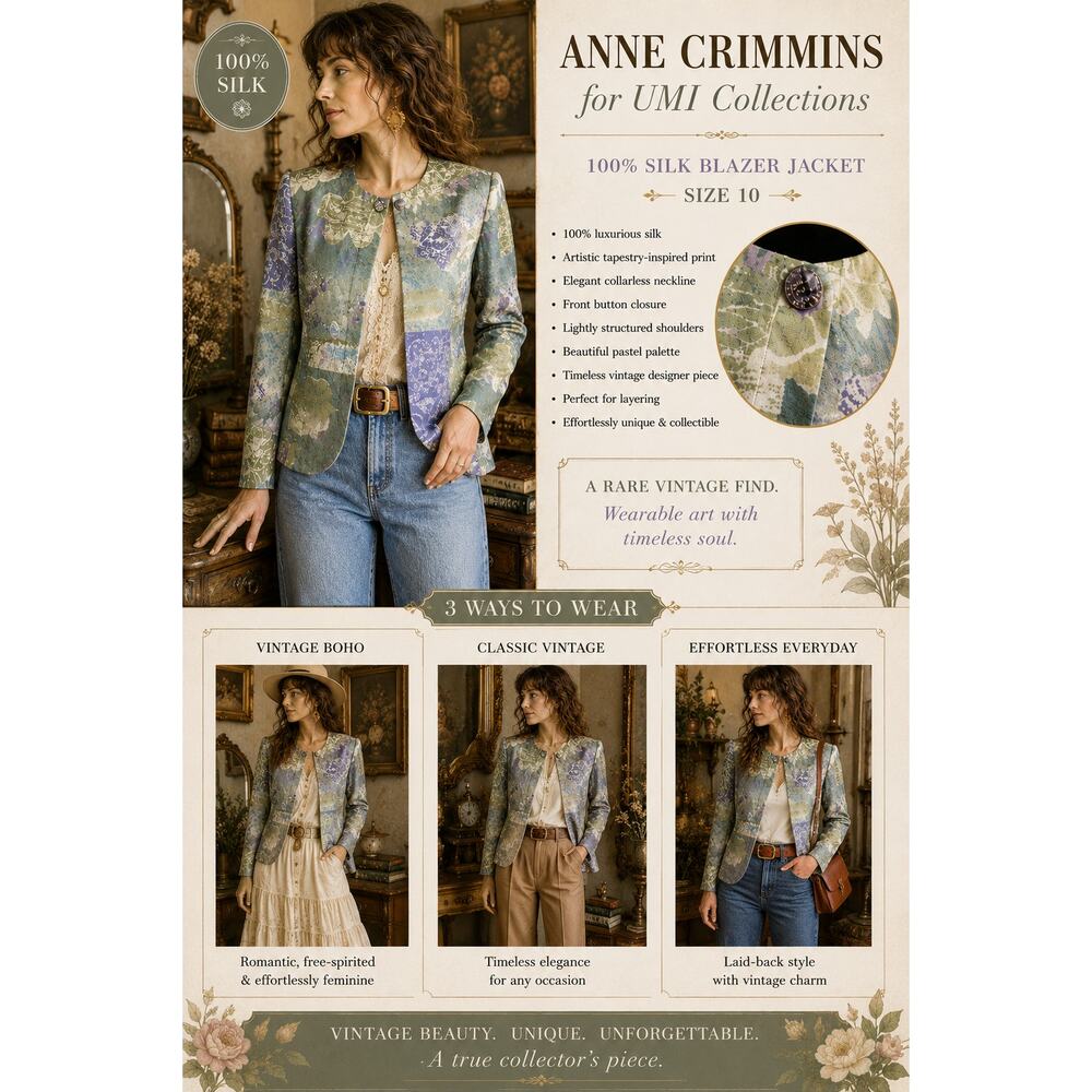 Anne Crimmins UMI Vintage Silk Blazer Jacket SZ10 Vintage Art Print Luxe